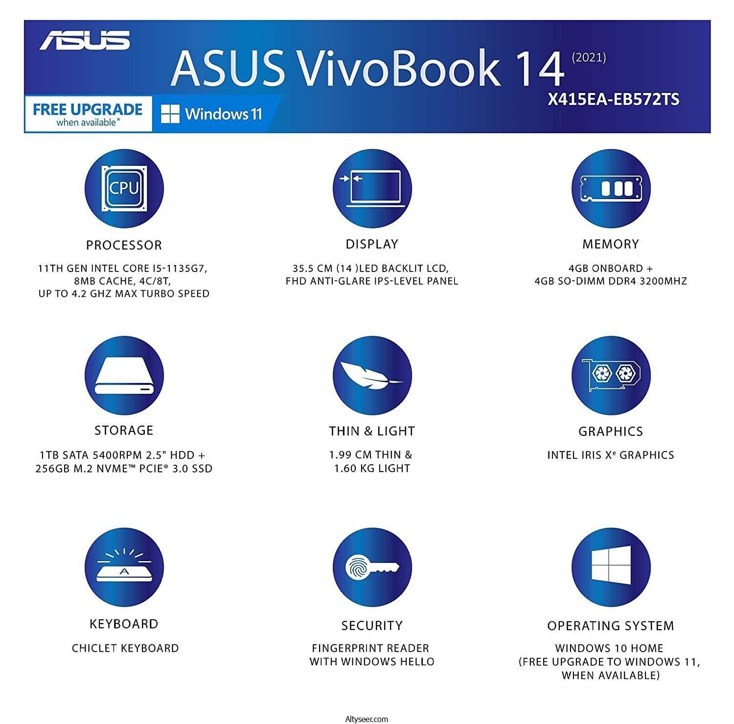 Asus X415EA-EB003W Intel Core I3-1115G4 256GB SSD 4GB Ram Intel UHD Graphics 14" Inch FHD Win.11 - الصورة 9