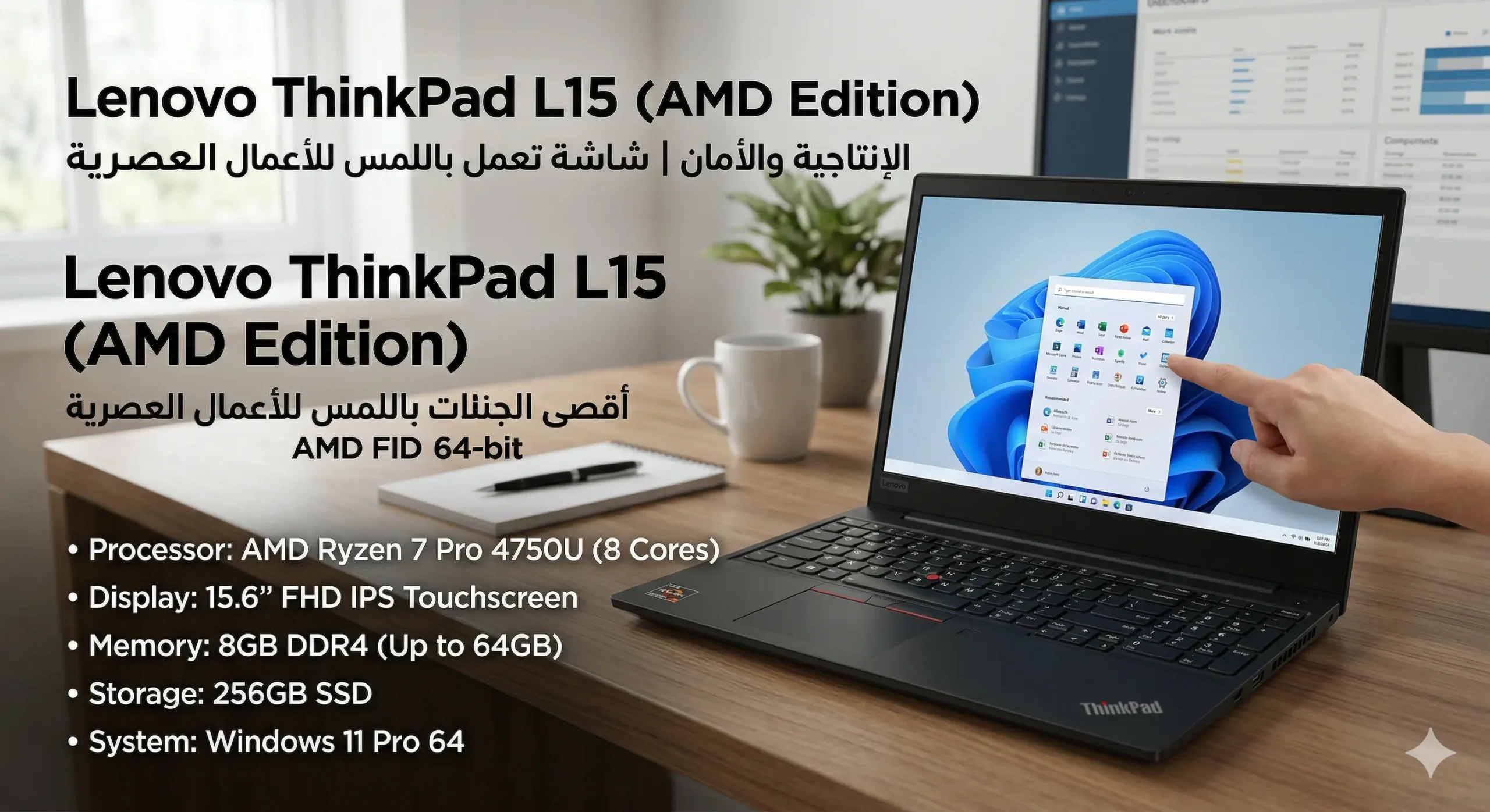 LENOVO ThinkPad L15 Gen 1 (AMD) RYZEN7 15.6 FHD TOUCH SCREEN